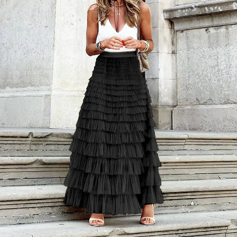 Voluminous Evening Skirt in Tulle with Cascading Ruffles for Women