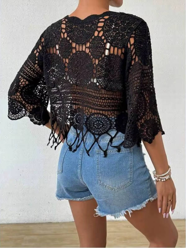 Veste de Plage Ajourée en Crochet avec Franges et Col Festonné