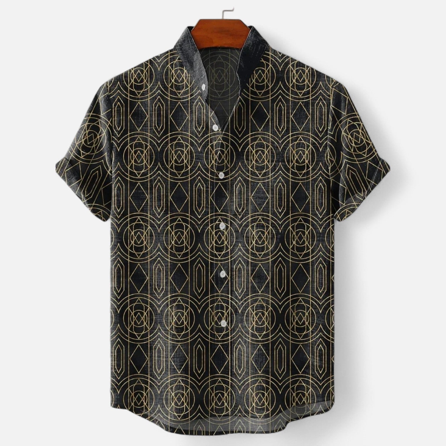 Velclairemode| Men's Linen Shirt with Artistic Pattern - Short Sleeves, Casual and Premium Style