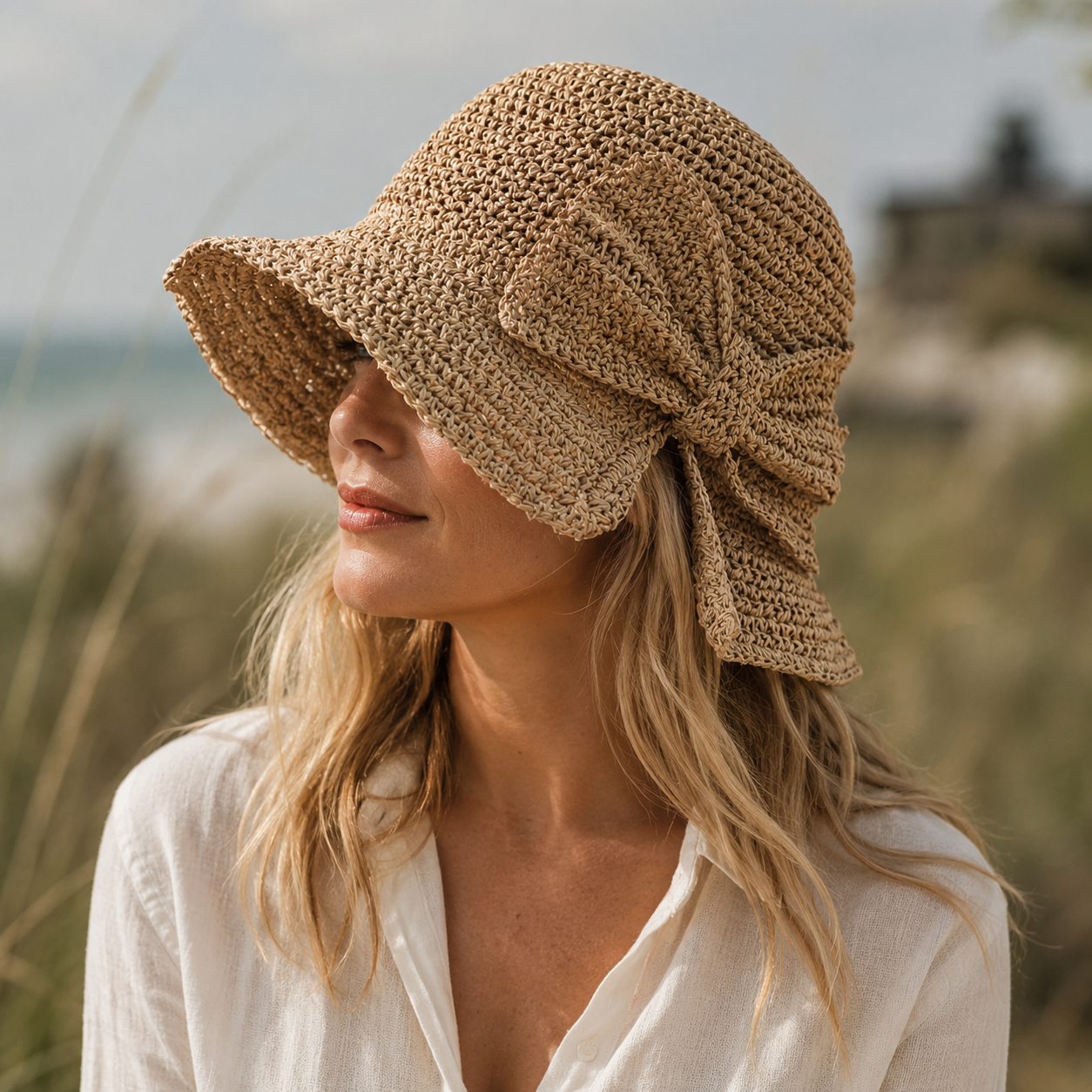 Chapeau de plage bucket hat pour femme | bord court souple | texture tressée