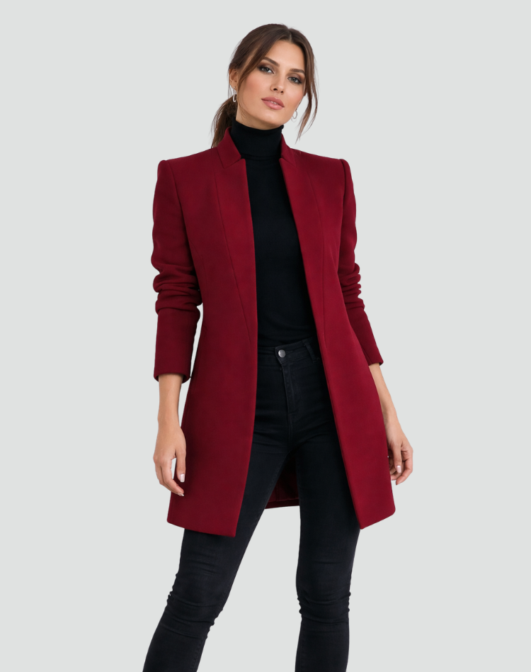 Abrigo largo de mujer para oficina, cálido, elegante, clásico, con cuello redondo, forrado y con bolsillos.