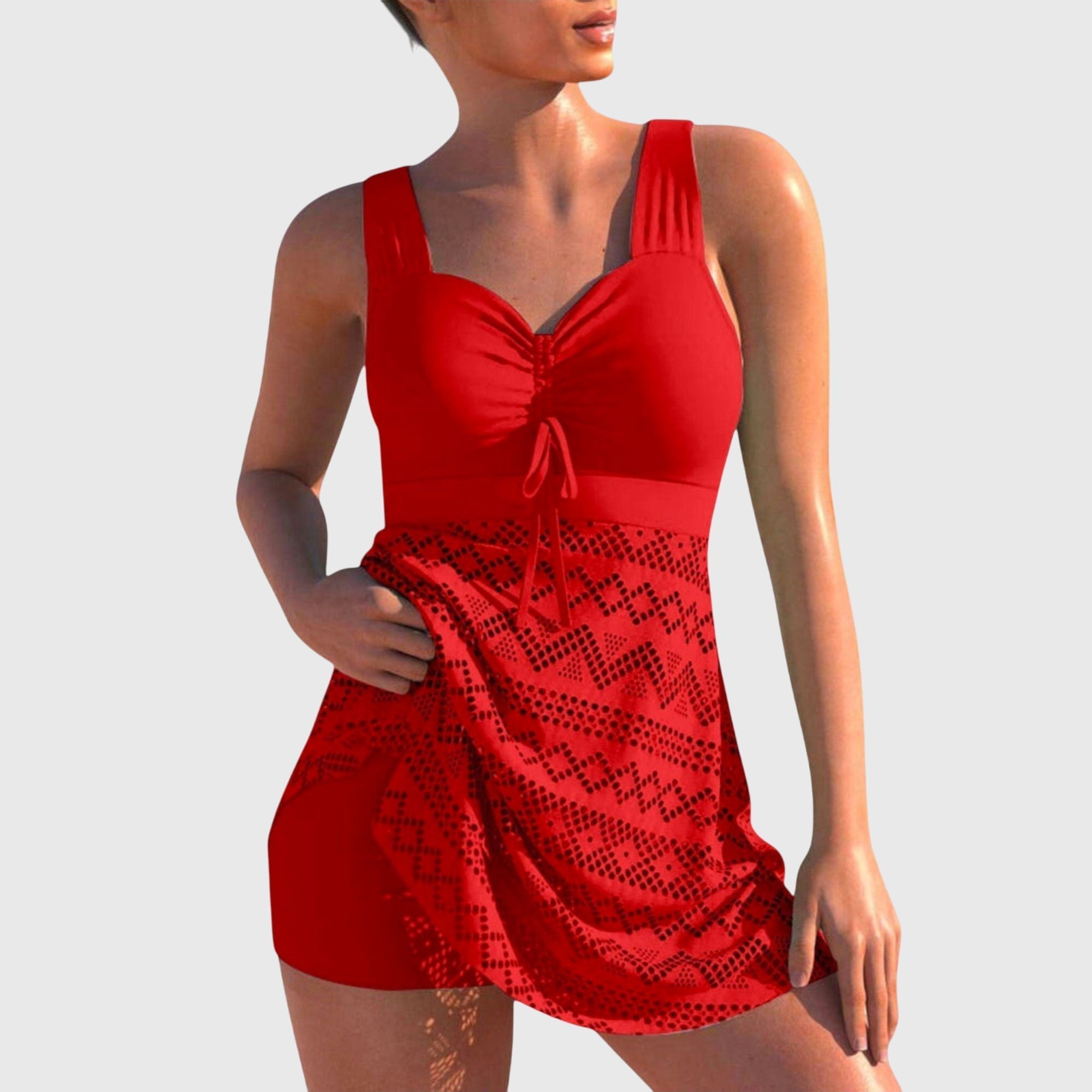 Two-Piece Women's Swimsuit with Pleated Top and Printed Swim Skirt