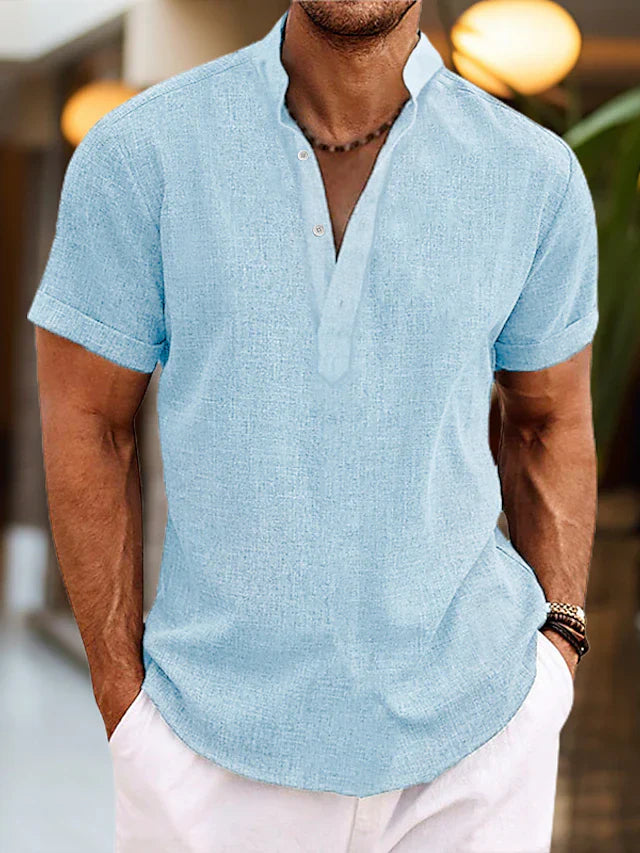 Chemise homme lin et coton col Henley manches courtes respirante