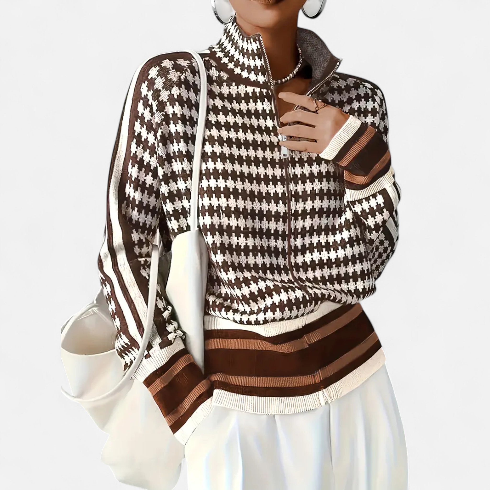Velclairemode | Women's Elegant Houndstooth Zip-Up Cardigan