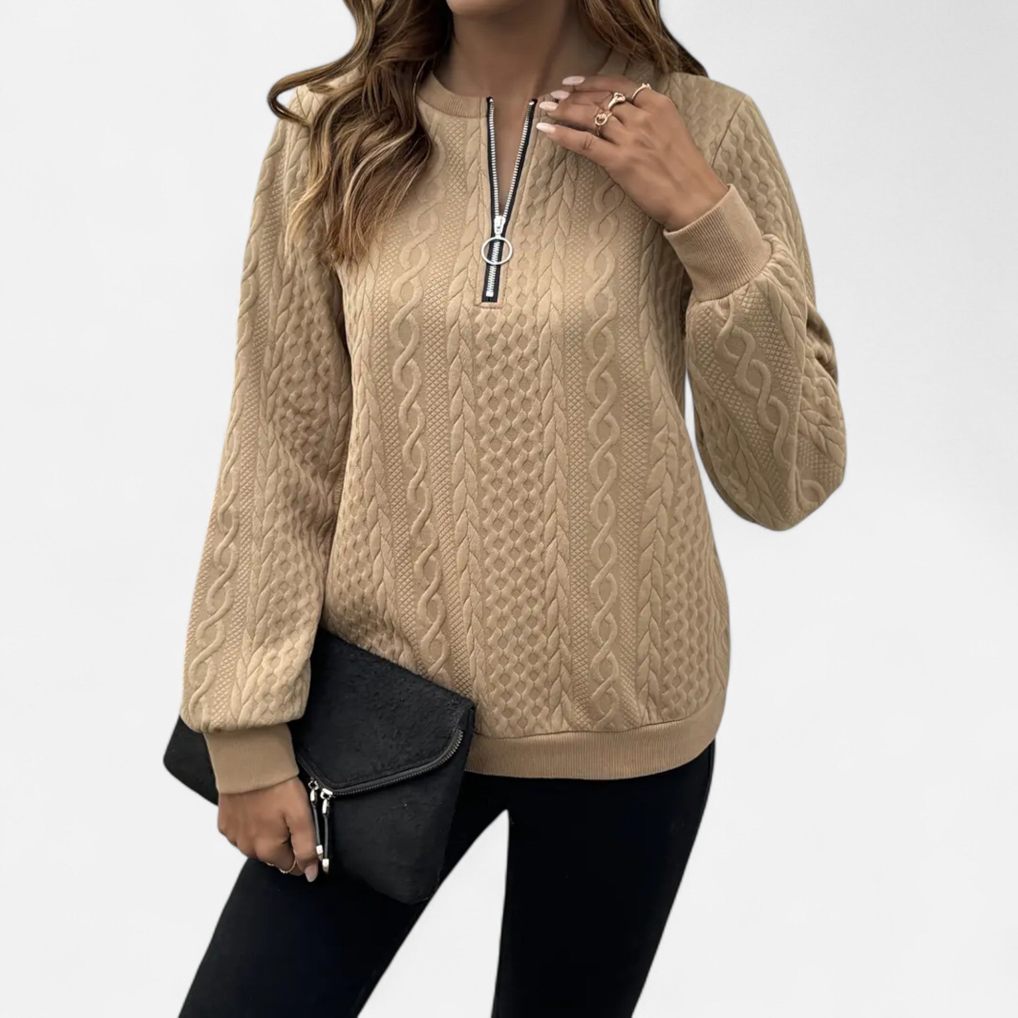 Velclairemode | Women's Textured Half-Zip Sweatshirt for Fall-Spring