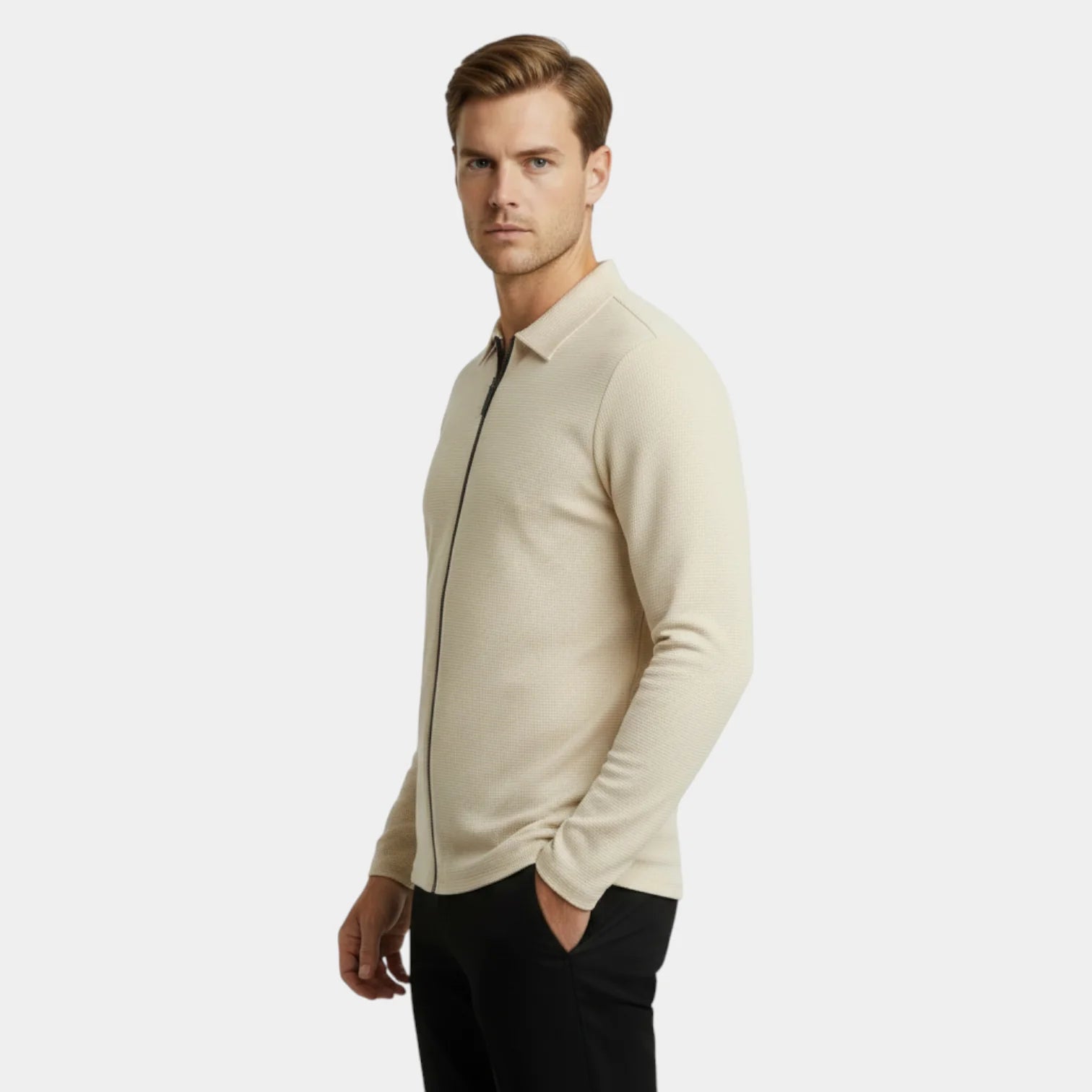 Veste légère pour homme en maille gaufrée avec fermeture éclair et col polo