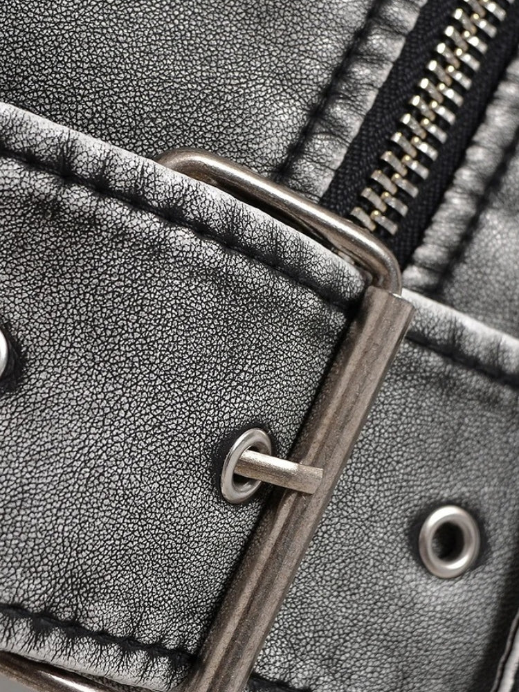 Veste Perfecto Courte en Similicuir Délavé avec Fermeture Éclair Asymétrique Femme