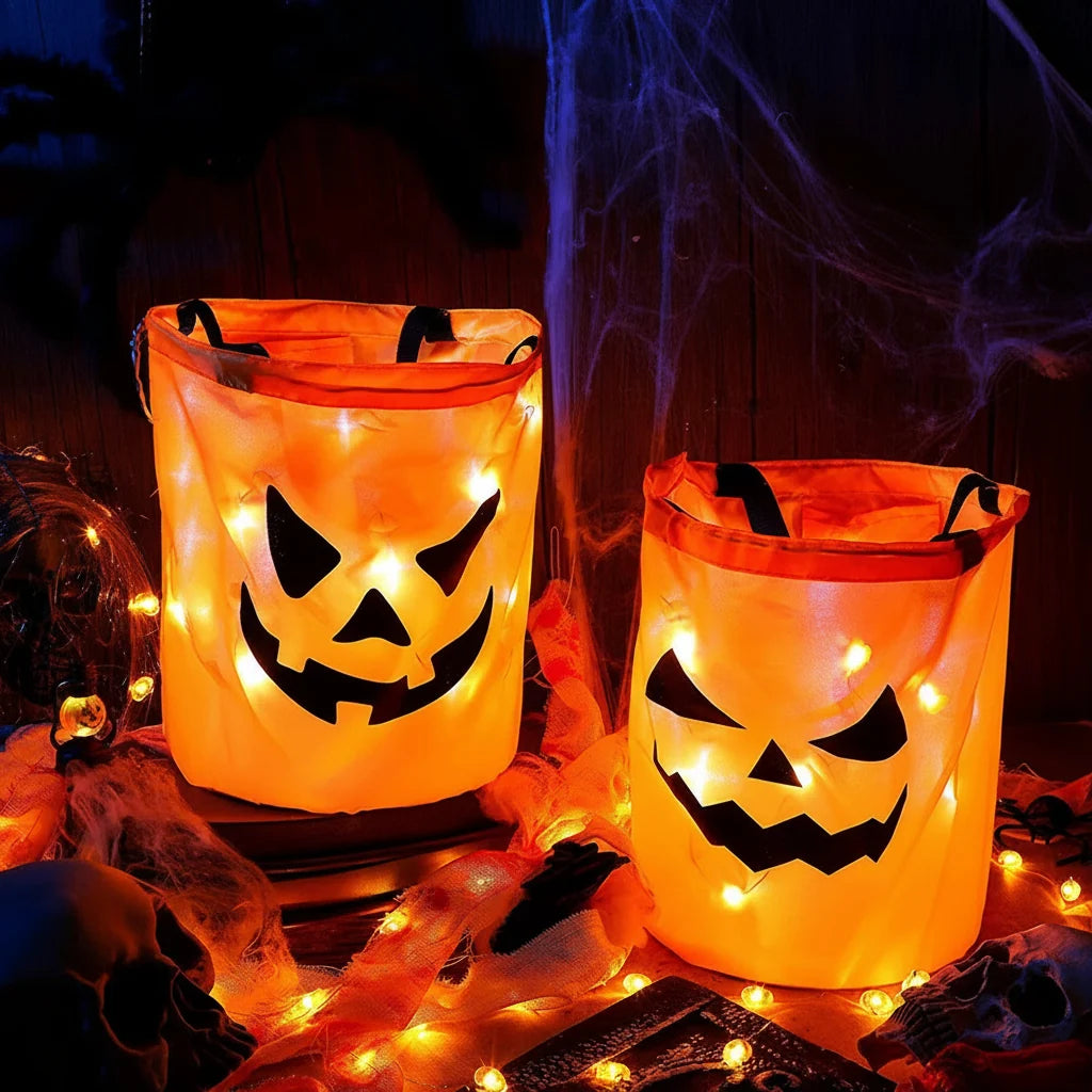 Opakovaně použitelný svítící LED halloweenský dýňový sáček na sladkosti pro dětskou oslavu