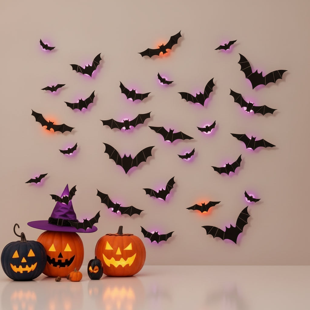 Sada 3D skládacích samolepicích nástěnných dekorací s netopýry na Halloween