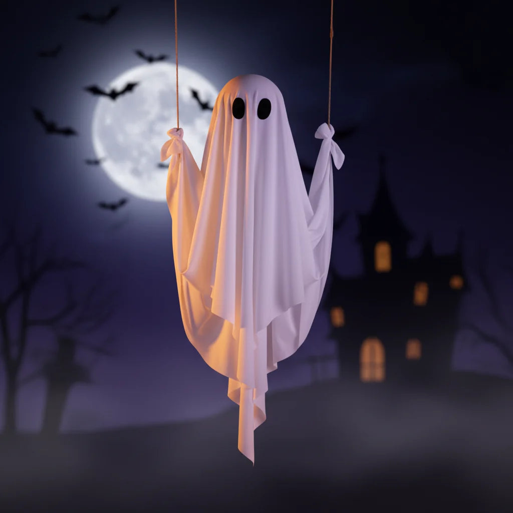 Závěsný LED duch – halloweenská venkovní světelná dekorace na houpačce