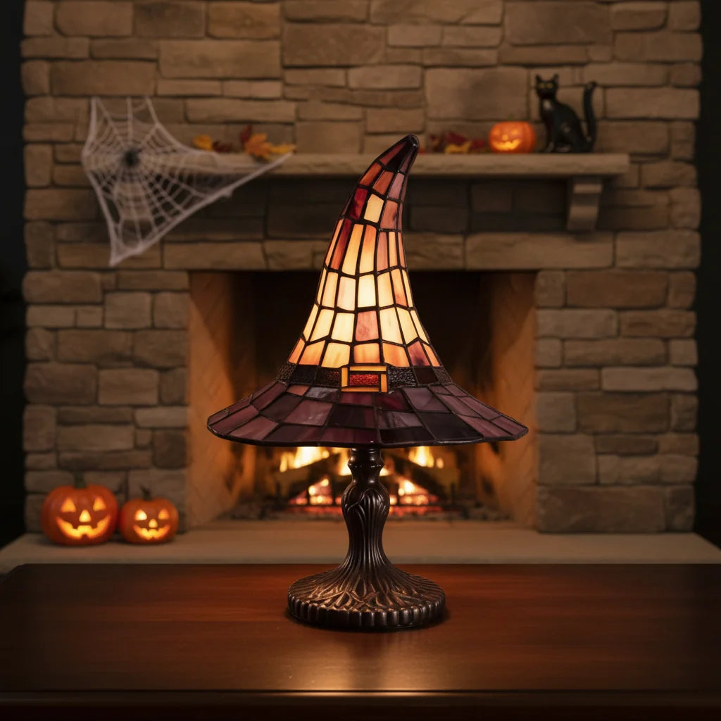 Dekorativní USB stolní noční lampička ve tvaru čarodějnického klobouku pro Halloween, na noční stolek, s jemným světlem
