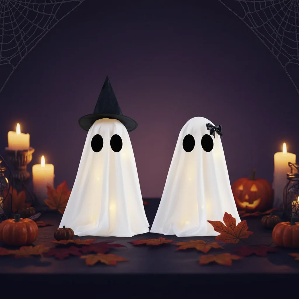 Svítící DIY duchové – halloweenská interiérová dekorace, osvětlená dvojice pro noční použití