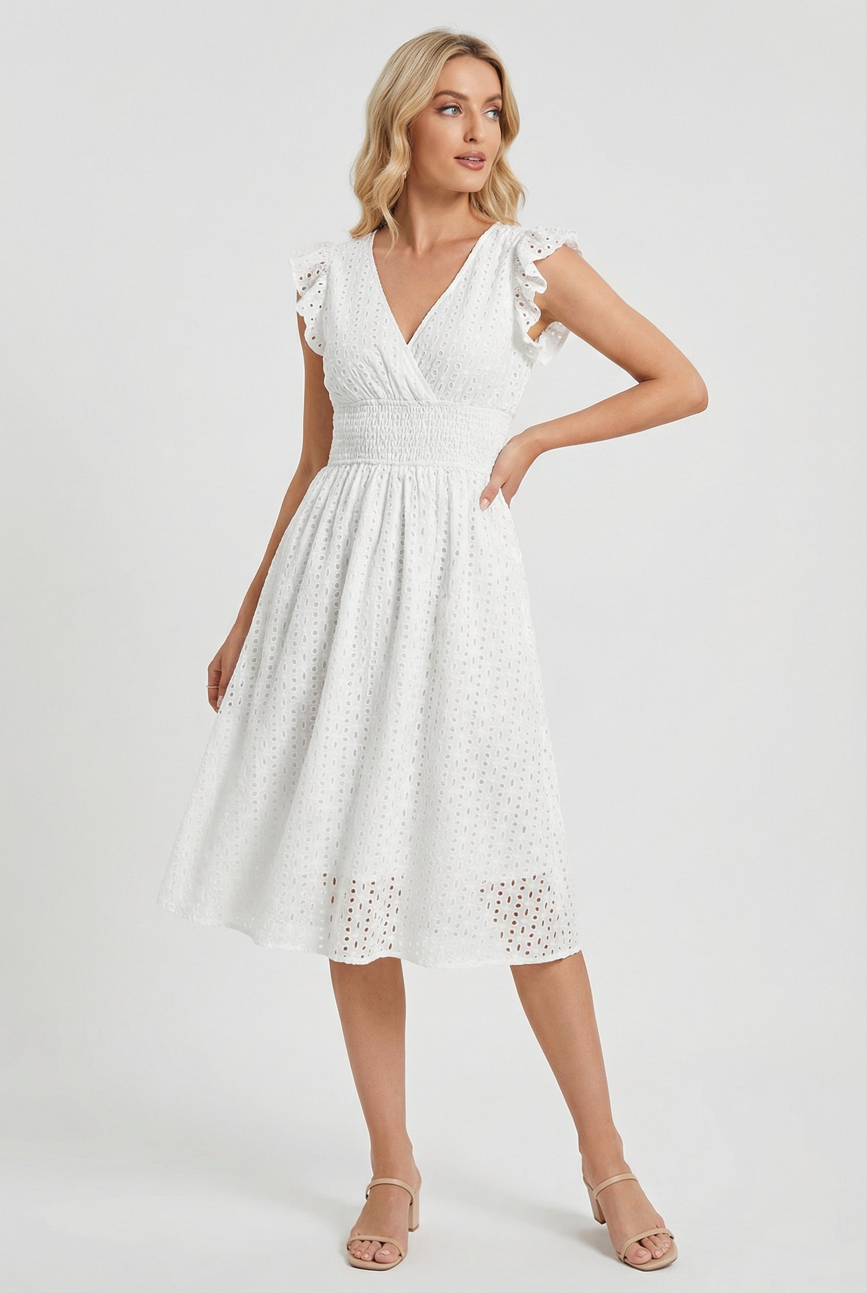 Flared dress for women - mid-length gathered cut with flutter sleeves | garden