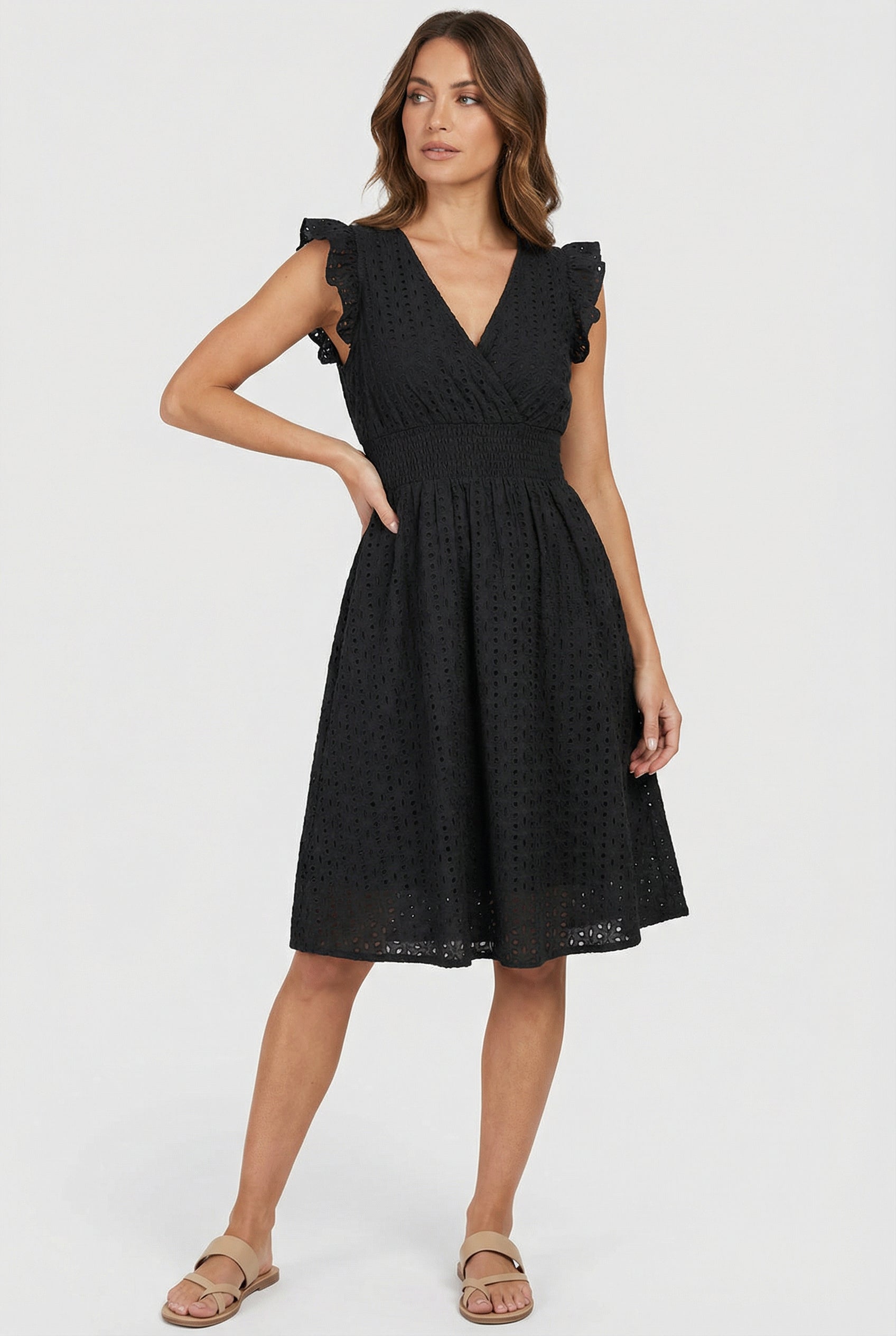Flared dress for women - mid-length gathered cut with flutter sleeves | garden