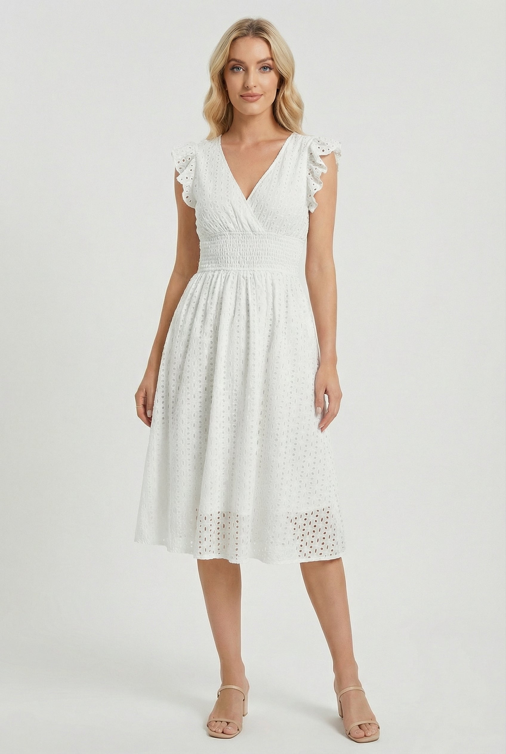 Flared dress for women - mid-length gathered cut with flutter sleeves | garden