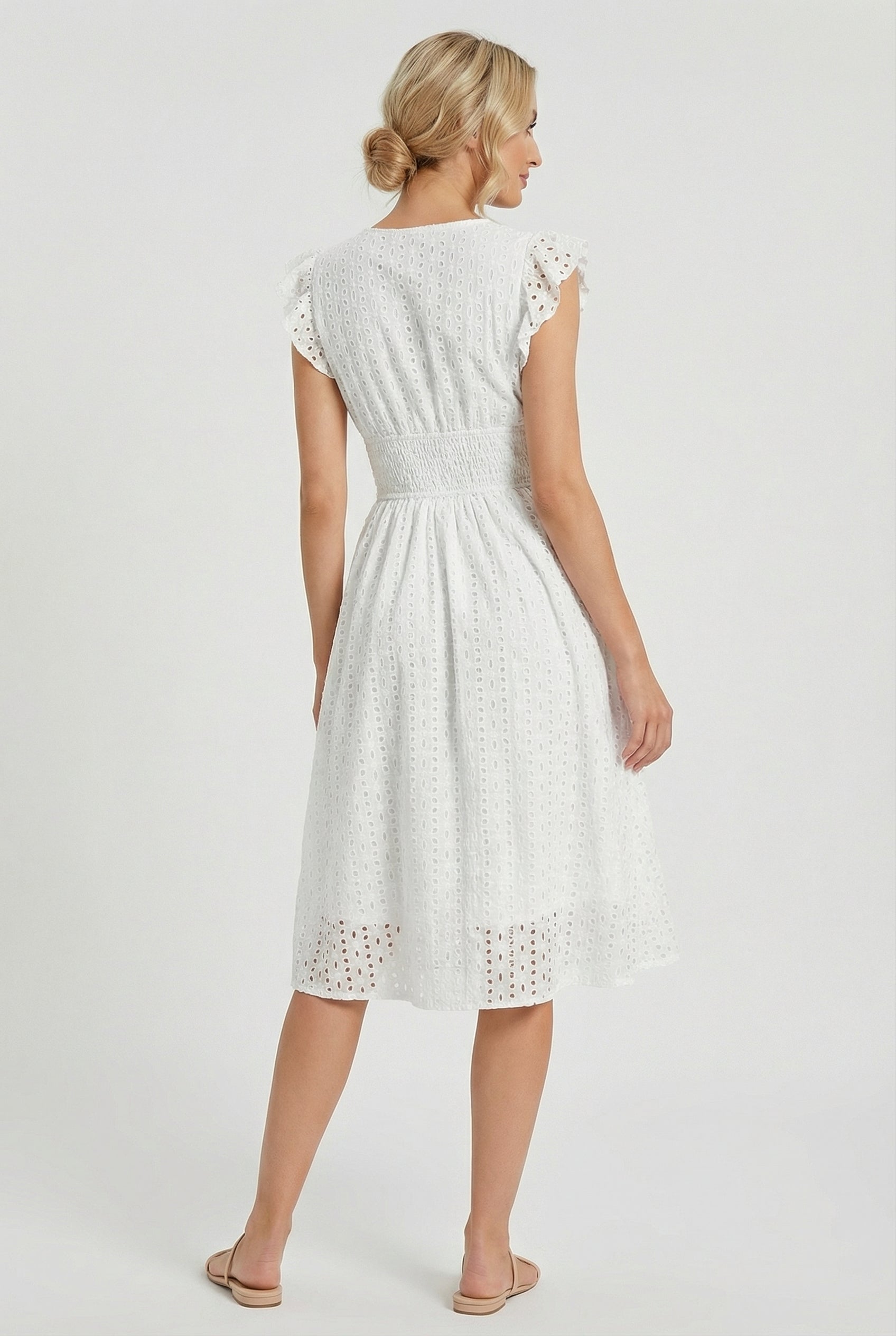 Flared dress for women - mid-length gathered cut with flutter sleeves | garden