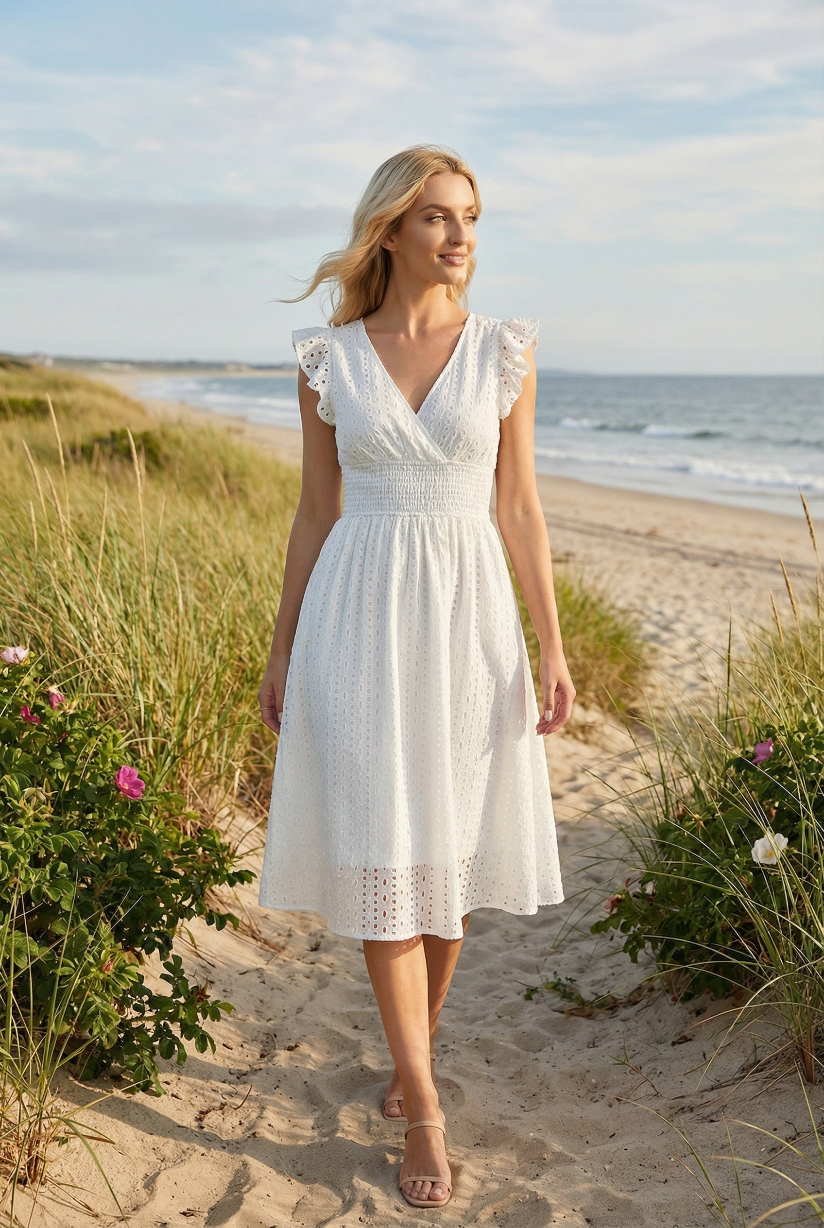 Flared dress for women - mid-length gathered cut with flutter sleeves | garden