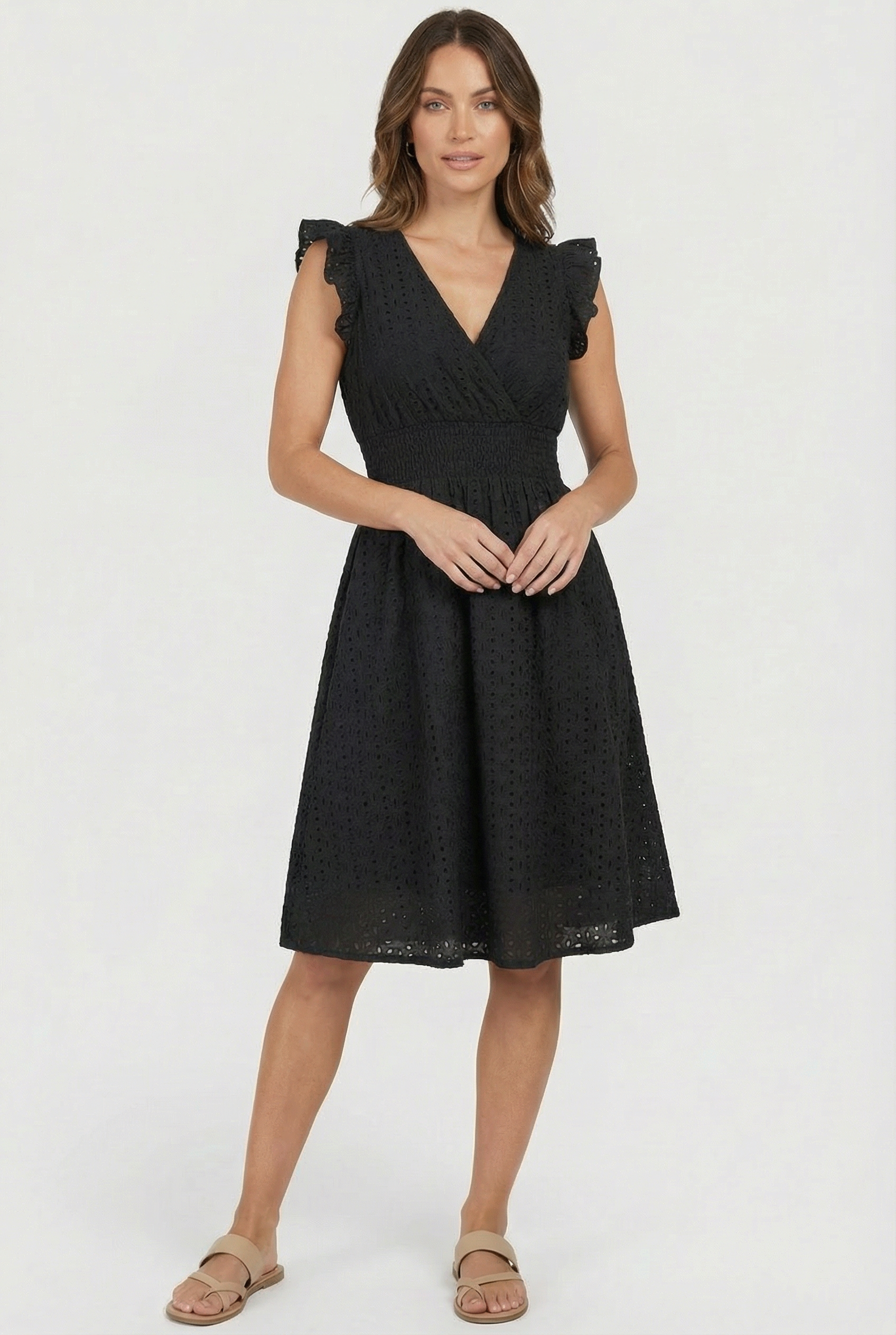 Flared dress for women - mid-length gathered cut with flutter sleeves | garden