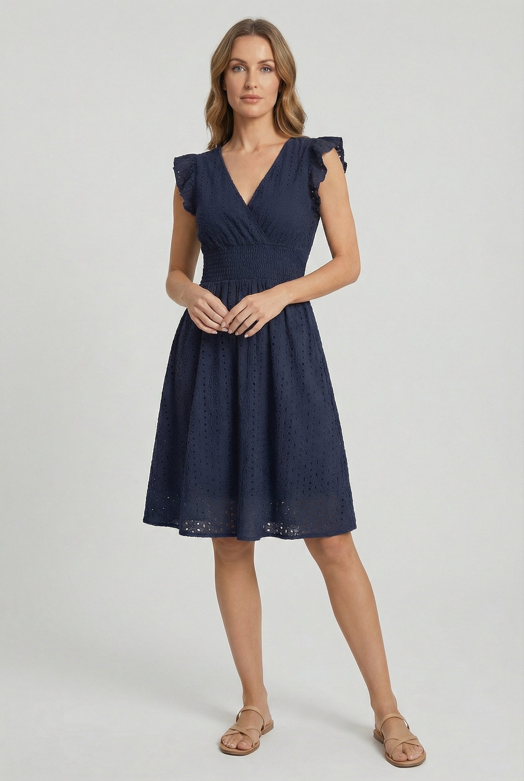 Flared dress for women - mid-length gathered cut with flutter sleeves | garden