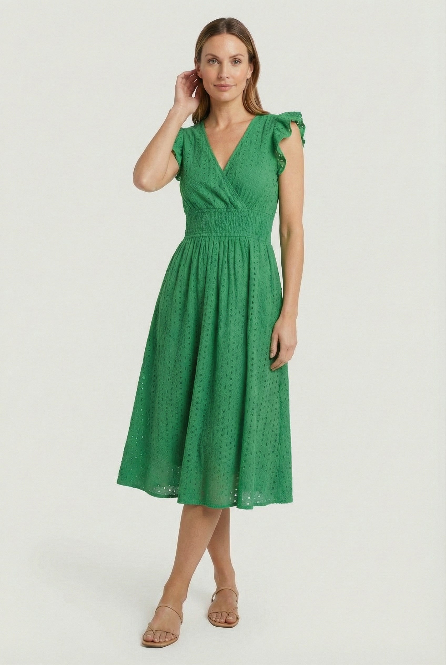 Flared dress for women - mid-length gathered cut with flutter sleeves | garden