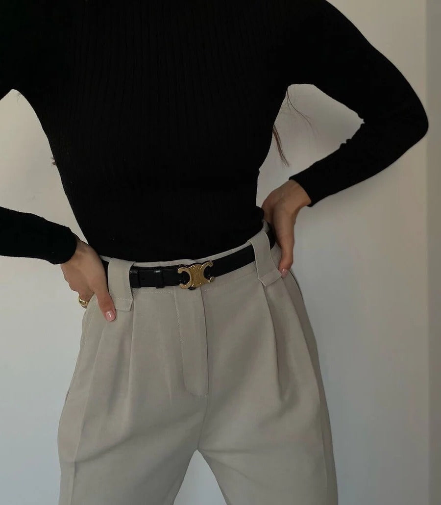 Ceinture en Cuir Véritable pour Femme avec Boucle Ardillon Dorée Ajustable
