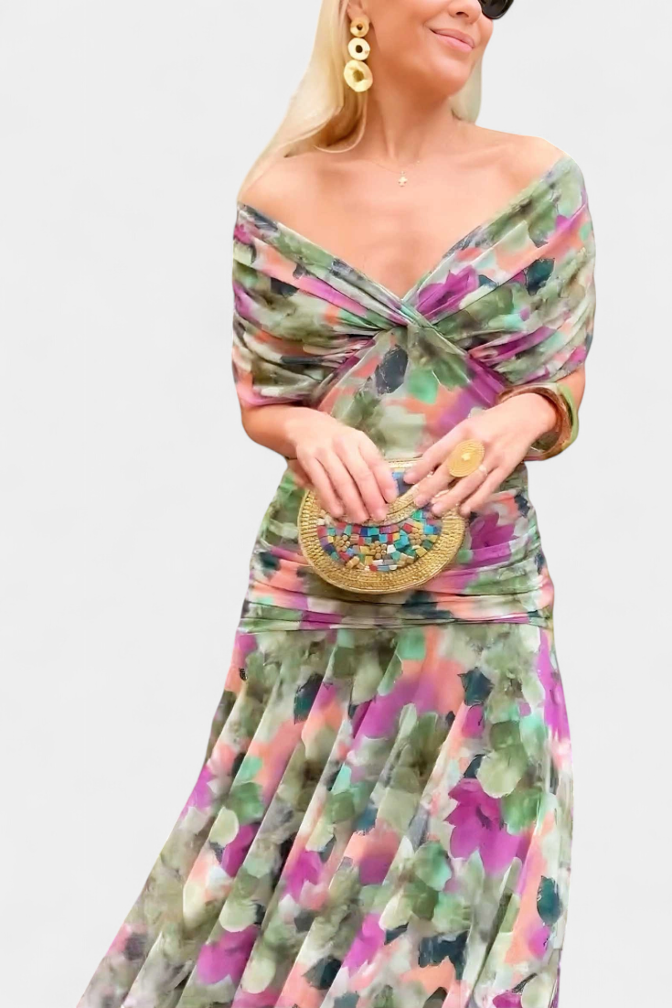Robe Longue Froncée à Épaules Dégagées