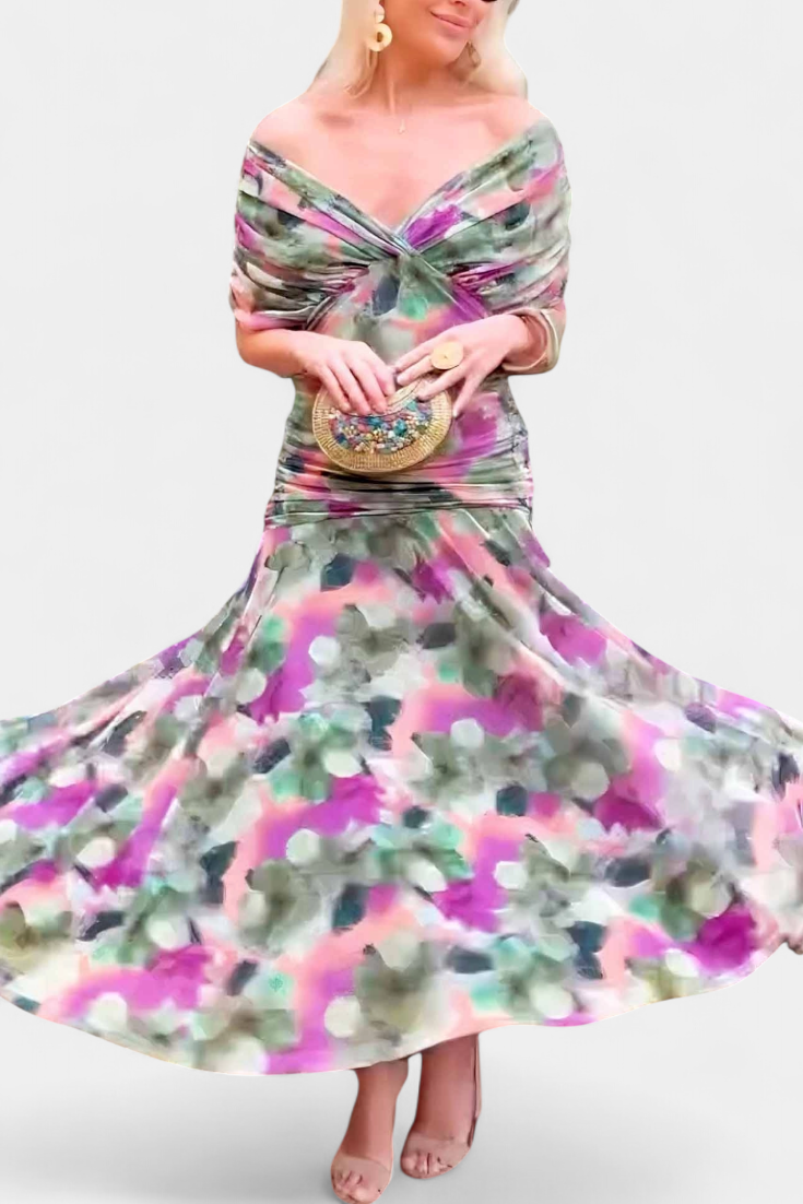 Robe Longue Froncée à Épaules Dégagées