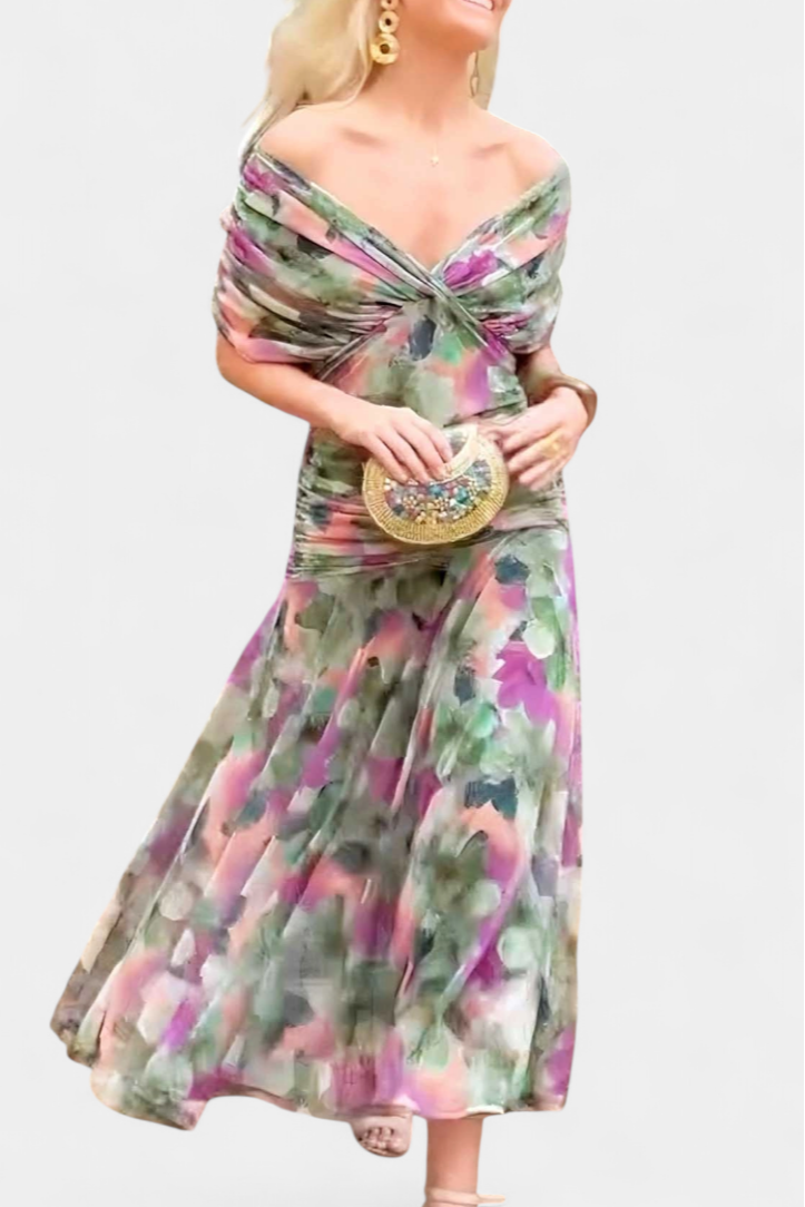 Robe Longue Froncée à Épaules Dégagées