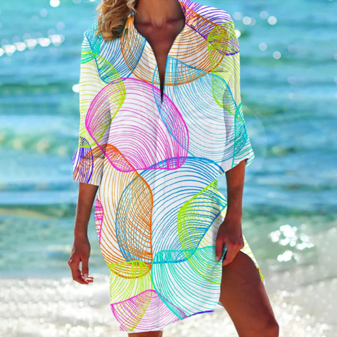 Chemise Longue de Plage Imprimé Tropical Beach Cover Up avec Col Classique Femme