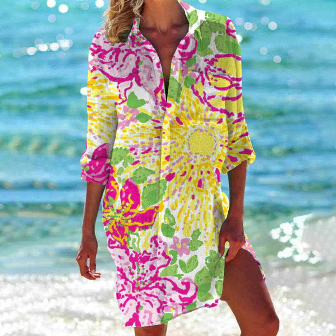 Chemise Longa de Praia Estampada Tropical com Gola Clássica para Mulher