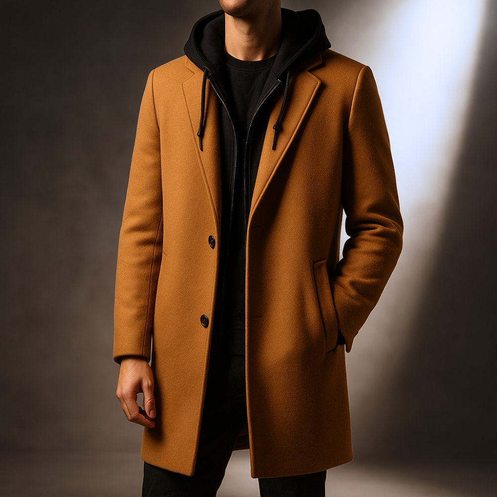 Men's Everyday Coat Lightweight Wool Integrated Hood Zipped Closure Pockets