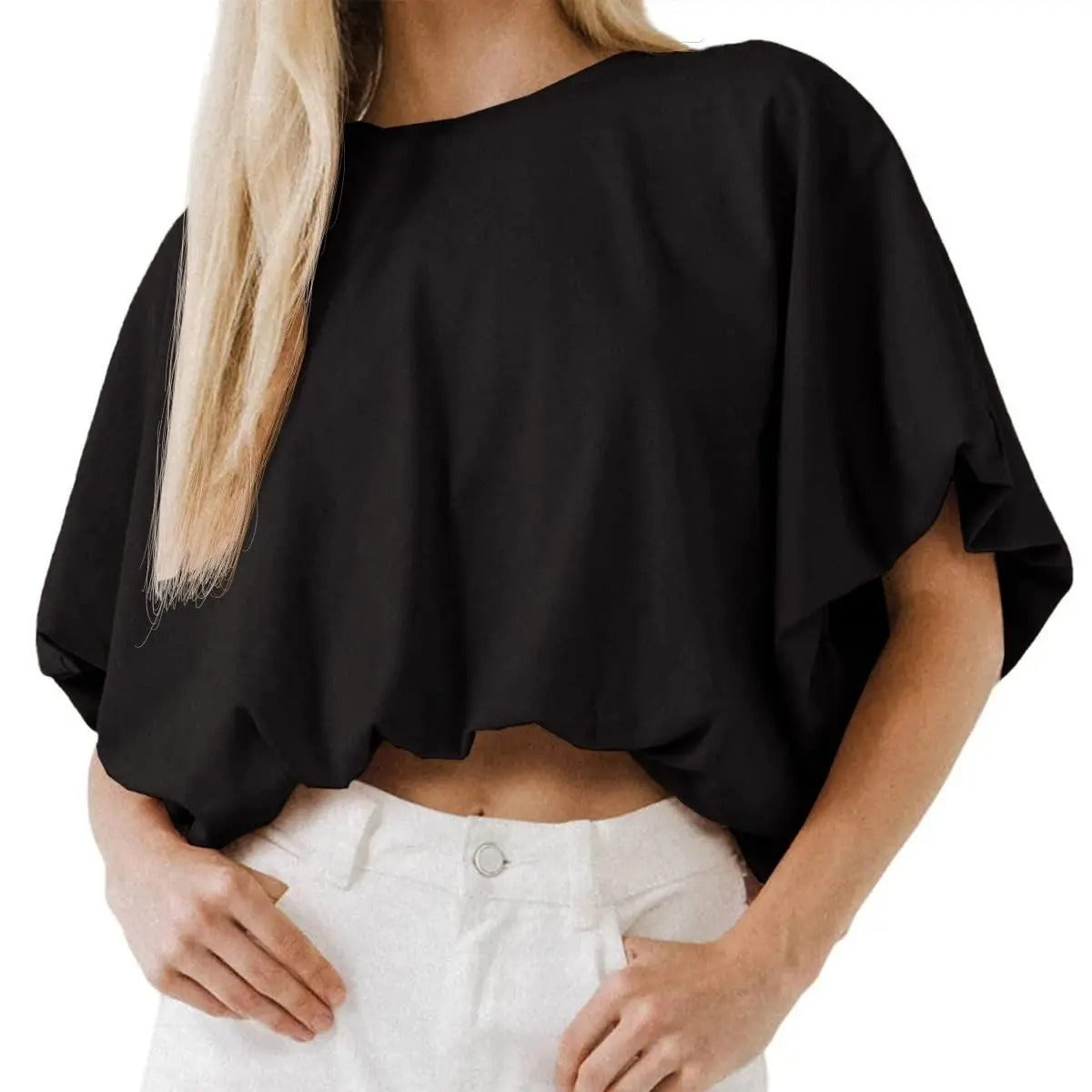 Top cropped feminino — mistura de algodão — mangas bufantes — verão