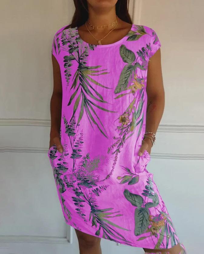 Robe d'été courte à fleurs pour femme avec poches et col rond en polyester