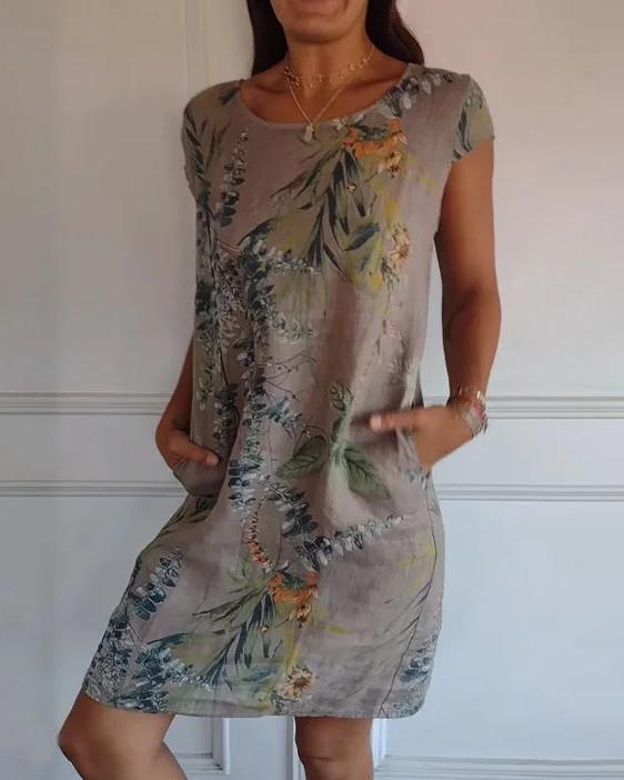 Robe d'été courte à fleurs pour femme avec poches et col rond en polyester