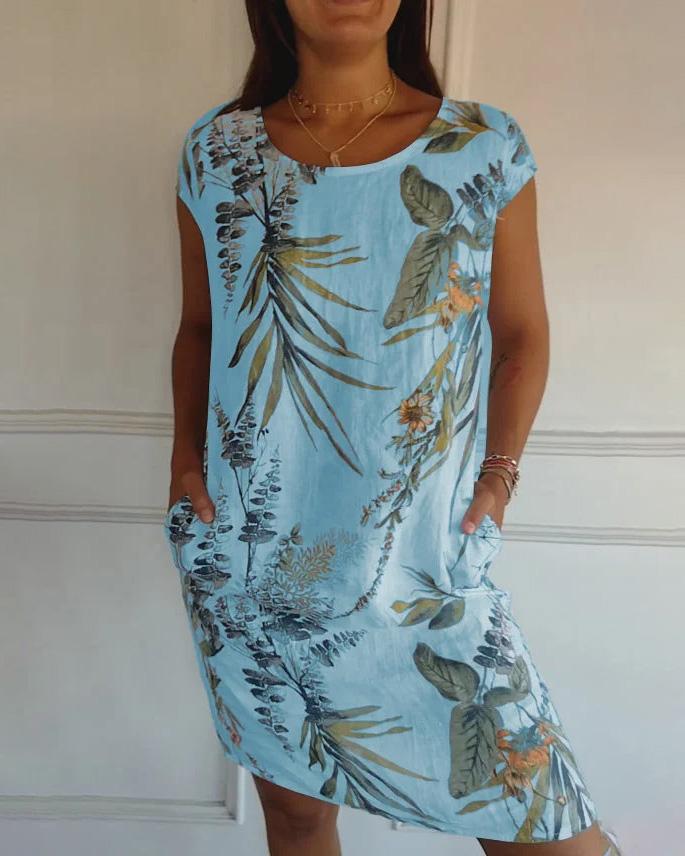 Robe d'été courte à fleurs pour femme avec poches et col rond en polyester