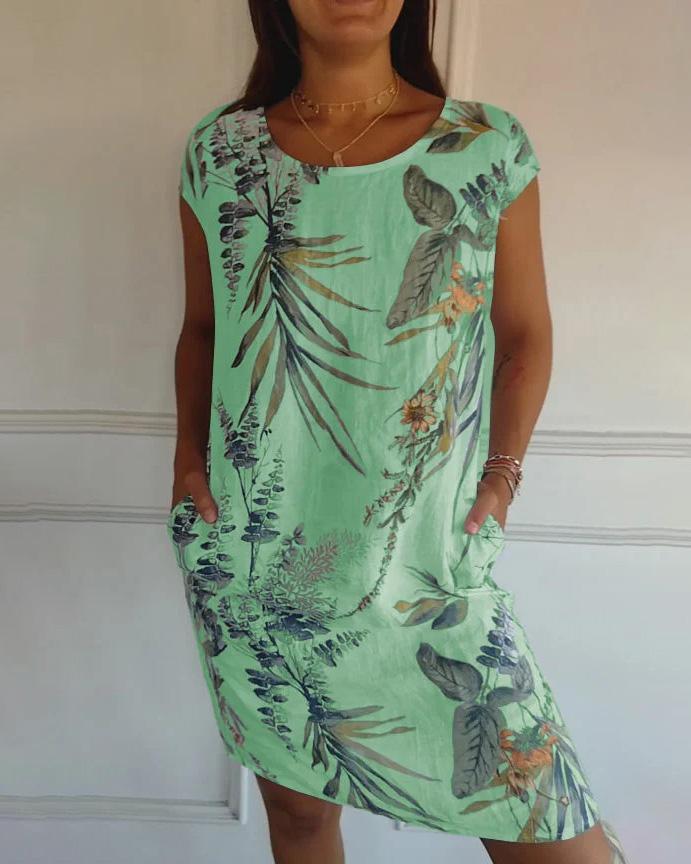 Robe d'été courte à fleurs pour femme avec poches et col rond en polyester