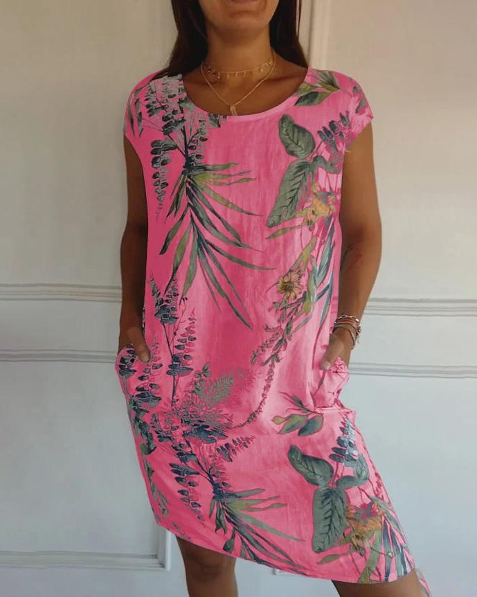 Robe d'été courte à fleurs pour femme avec poches et col rond en polyester