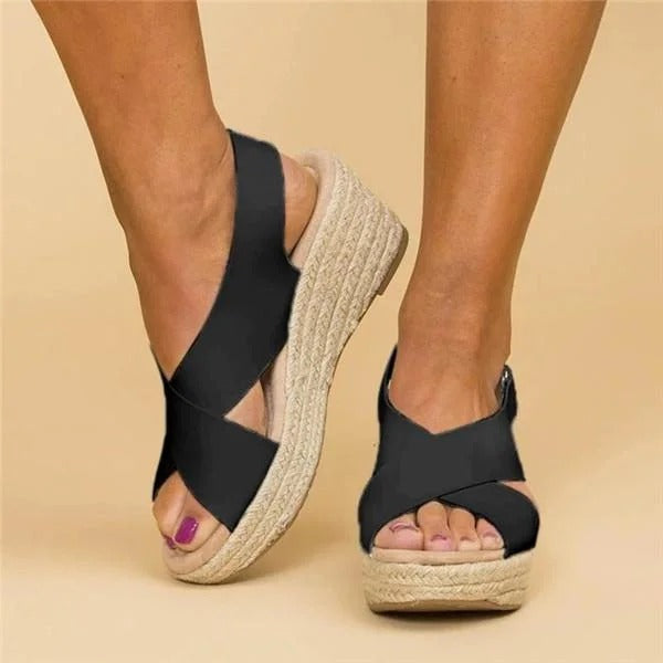 Wedge Espadrille Sandals with Crossed Straps and Jute Sole for Women