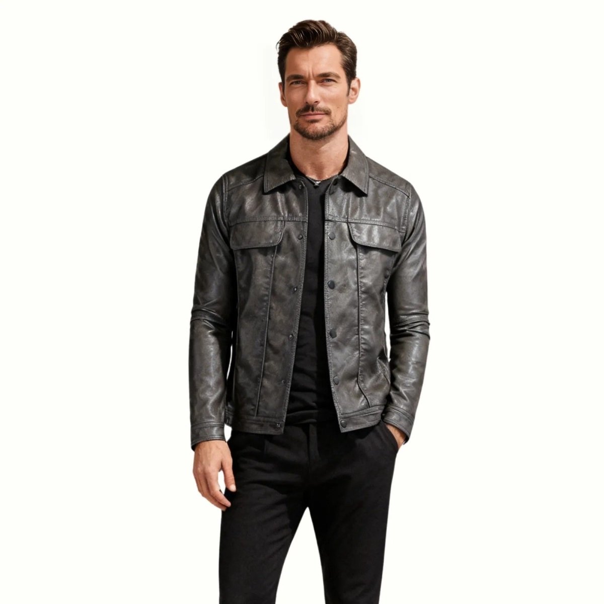 Blouson Trucker en Cuir Nappa d'Agneau Pleine Fleur pour Homme Coupe Ajustée