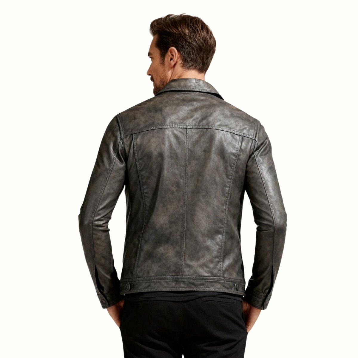 Blouson Trucker en Cuir Nappa d'Agneau Pleine Fleur pour Homme Coupe Ajustée