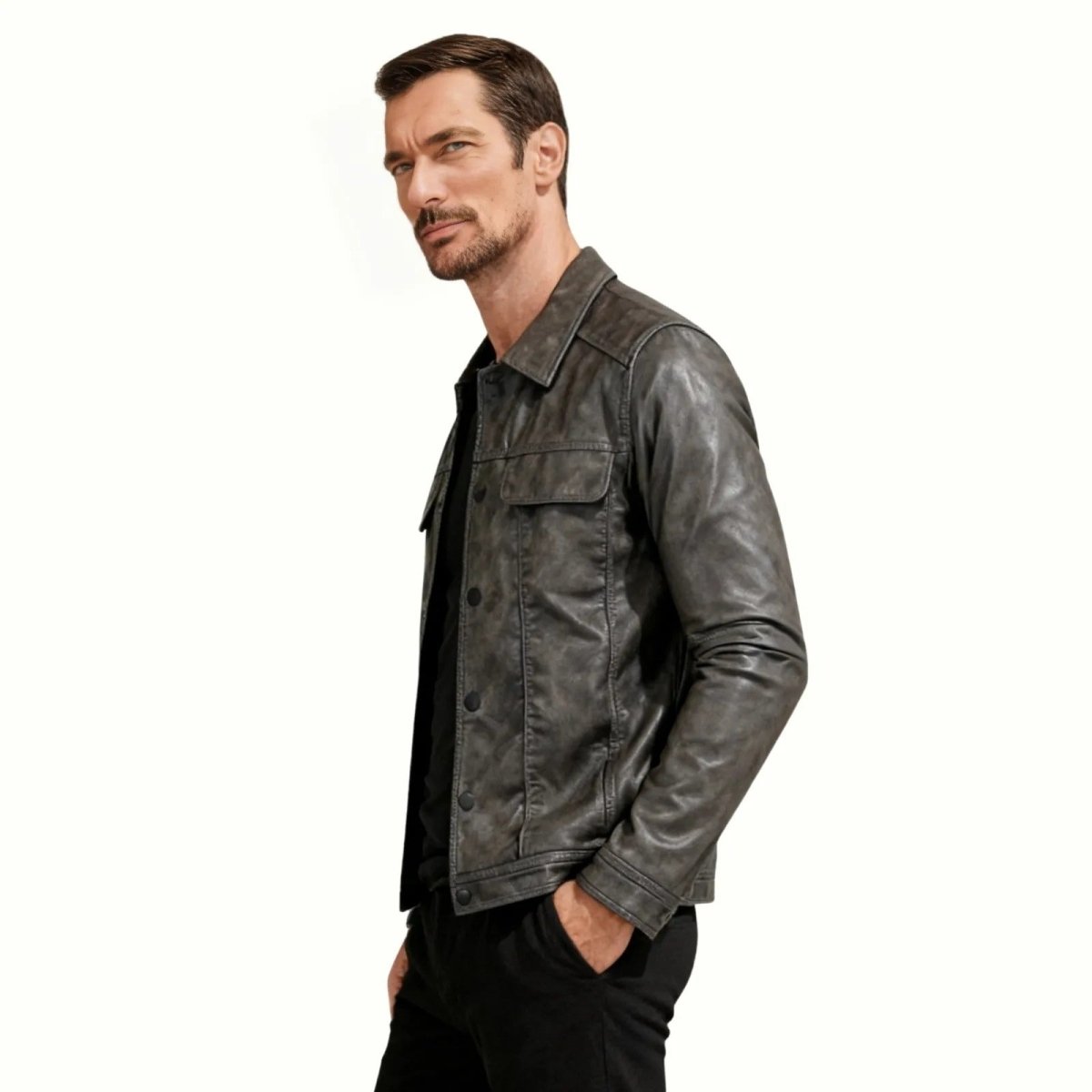 Blouson Trucker en Cuir Nappa d'Agneau Pleine Fleur pour Homme Coupe Ajustée