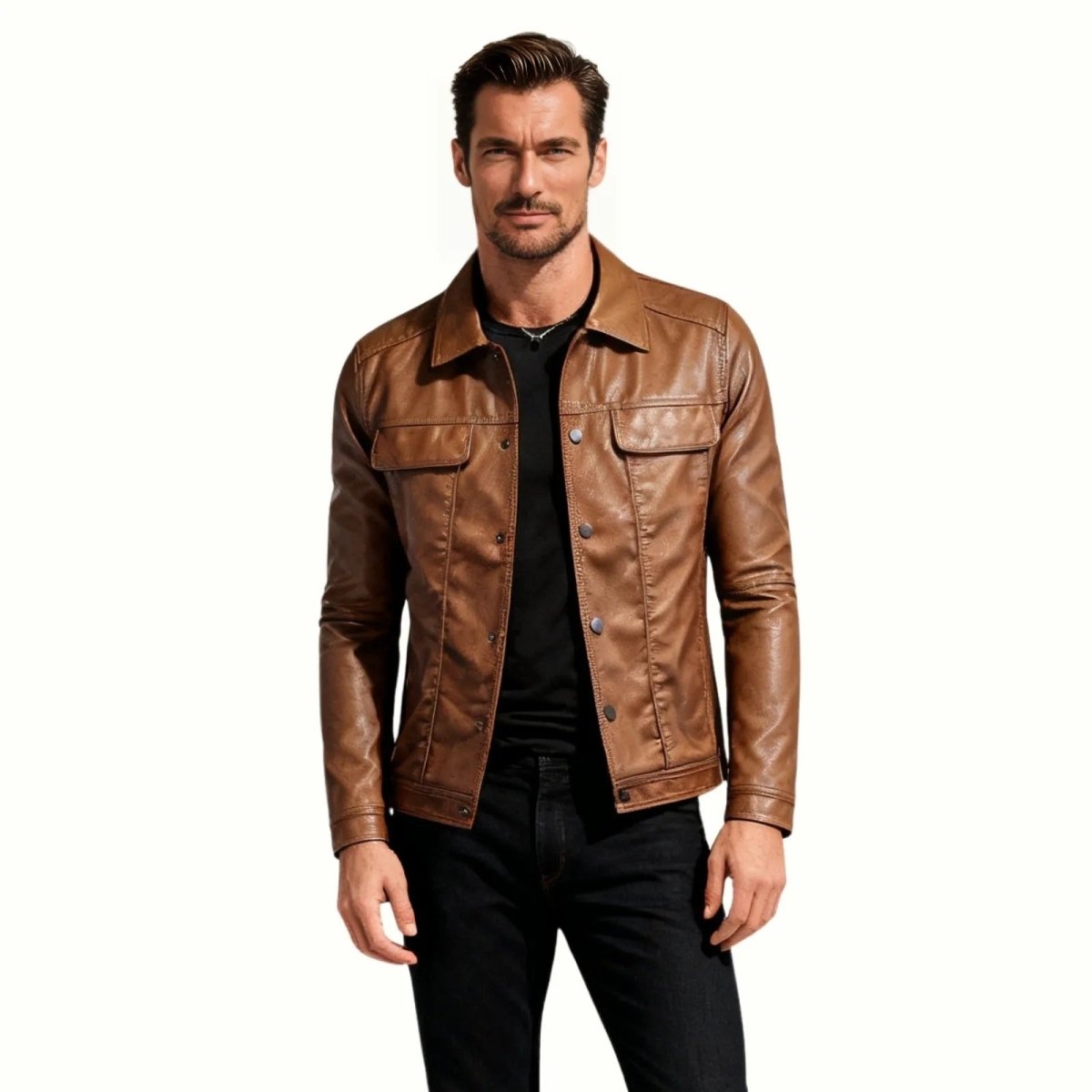 Blouson Trucker en Cuir Nappa d'Agneau Pleine Fleur pour Homme Coupe Ajustée