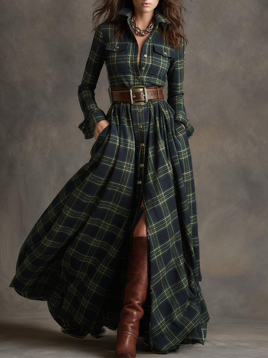 Robe Longue Chemise à Imprimé Écossais avec Manches Longues et Col Rabattu