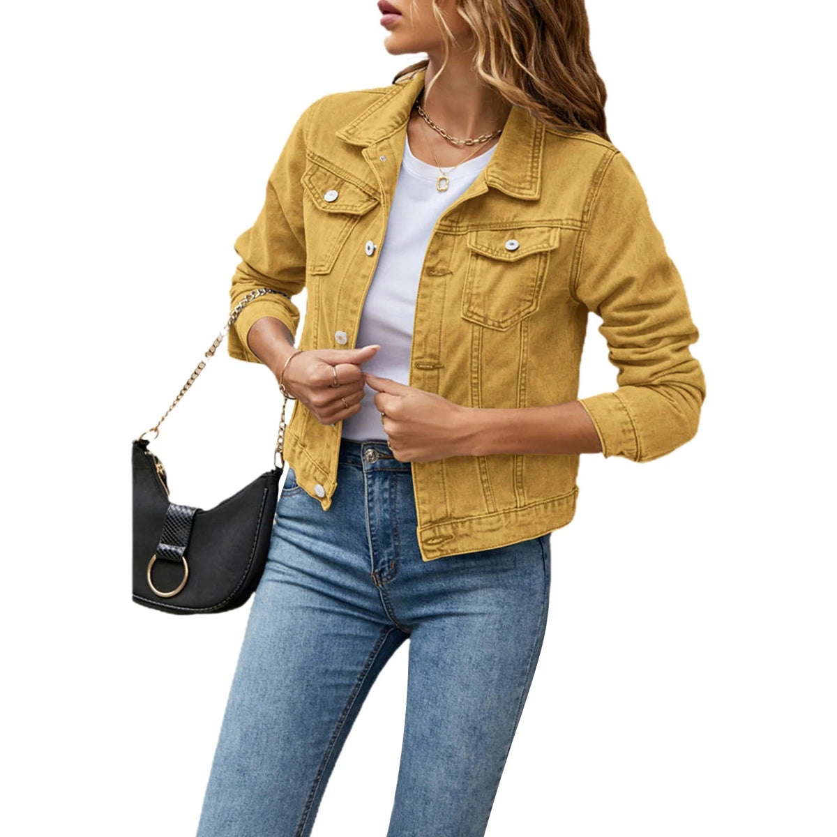 Women's Everyday Denim Jacket Cropped Fit Cotton Metallic Buttons Long Sleeves