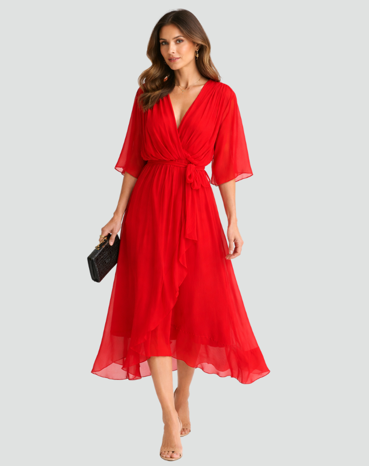 Robe Midi Croisée À Taille Nouée