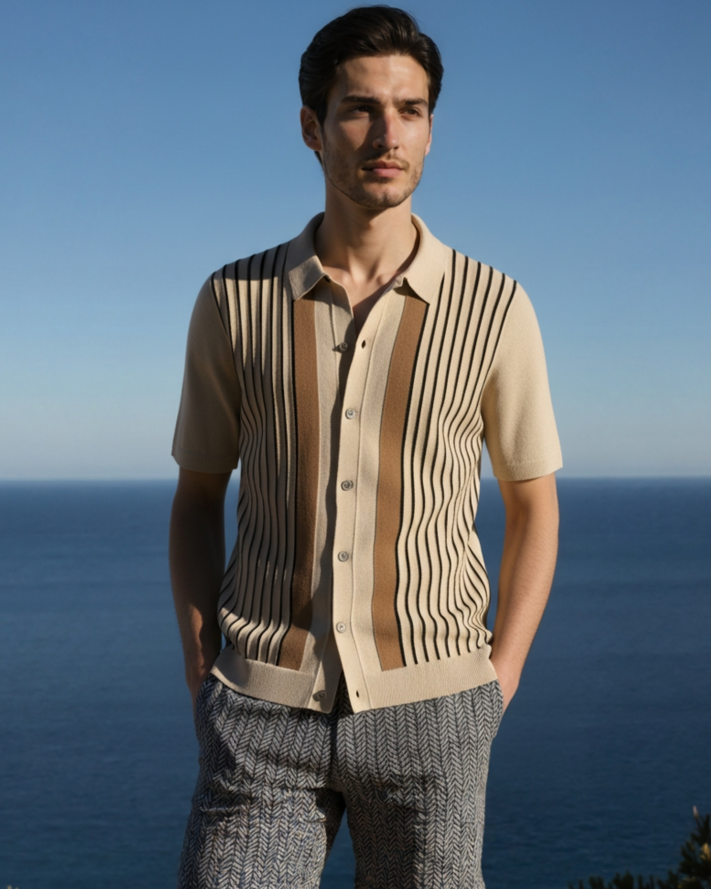 Polo de Punto a Rayas para Hombre con Mangas Cortas, Botones y Cuello Clásico