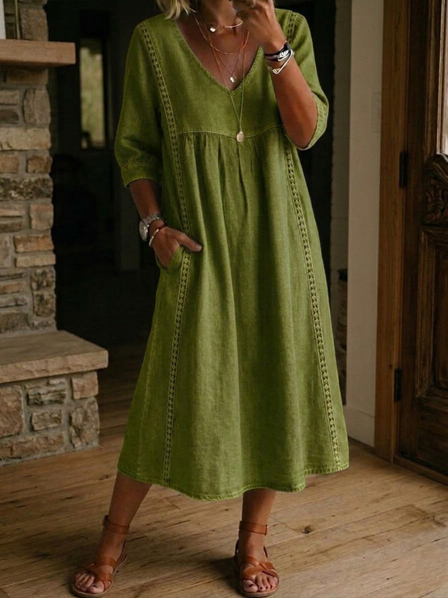 Robe longue pour femme - coupe ample patchwork avec bordure dentelle