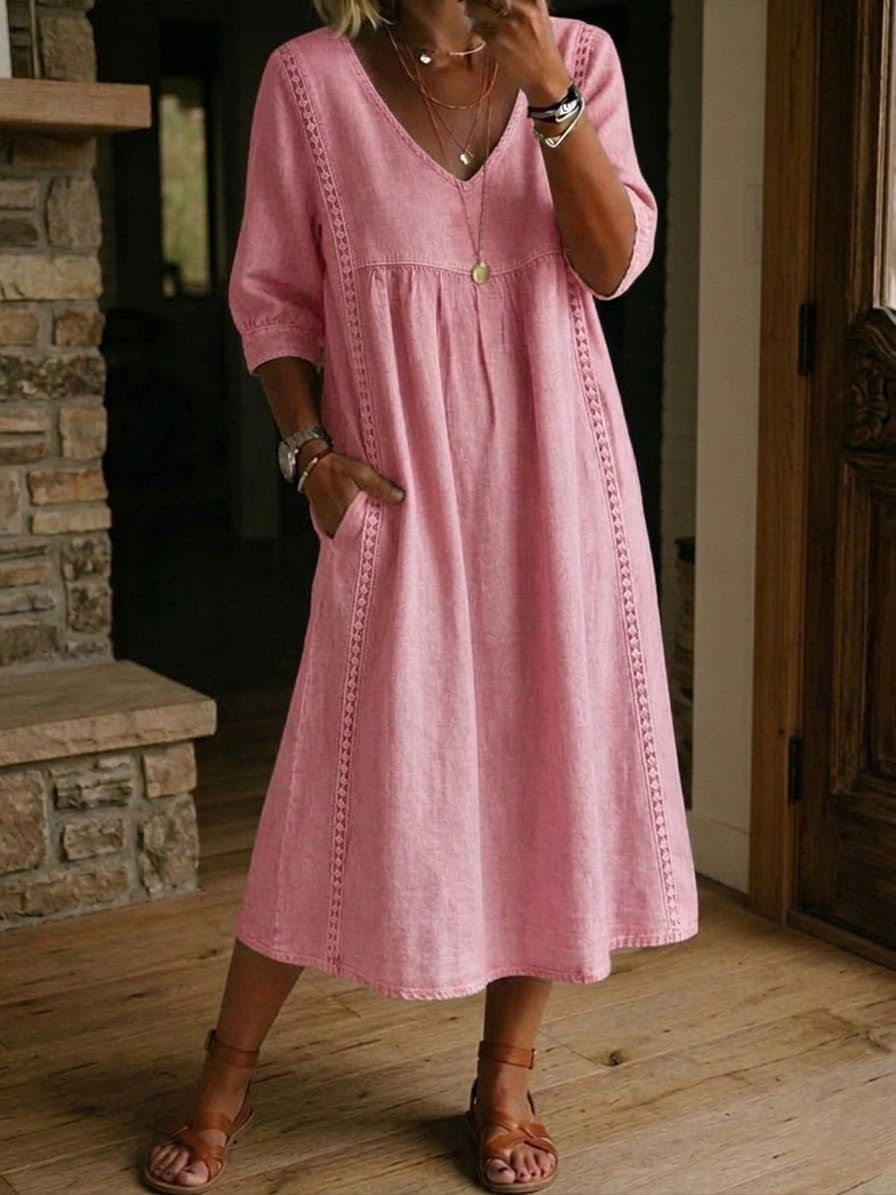 Robe longue pour femme - coupe ample patchwork avec bordure dentelle