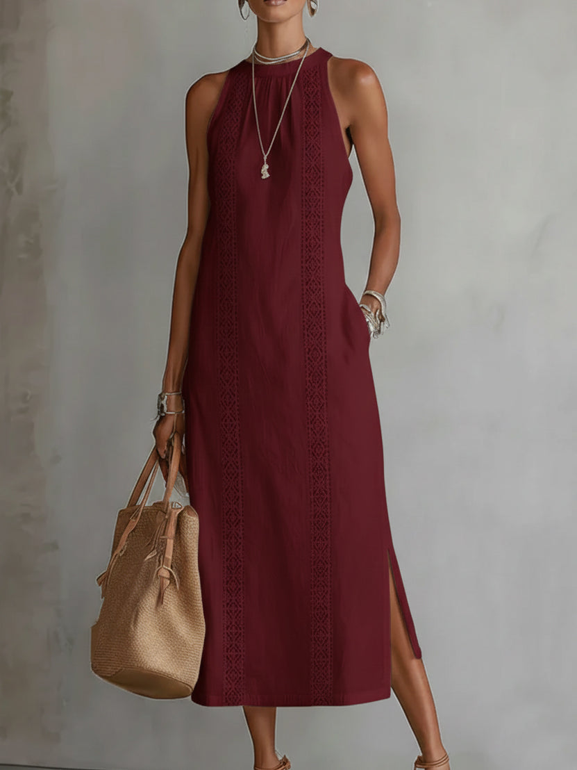 Rochie midi pentru femei - amestec de bumbac și in fără mâneci pentru vacanță