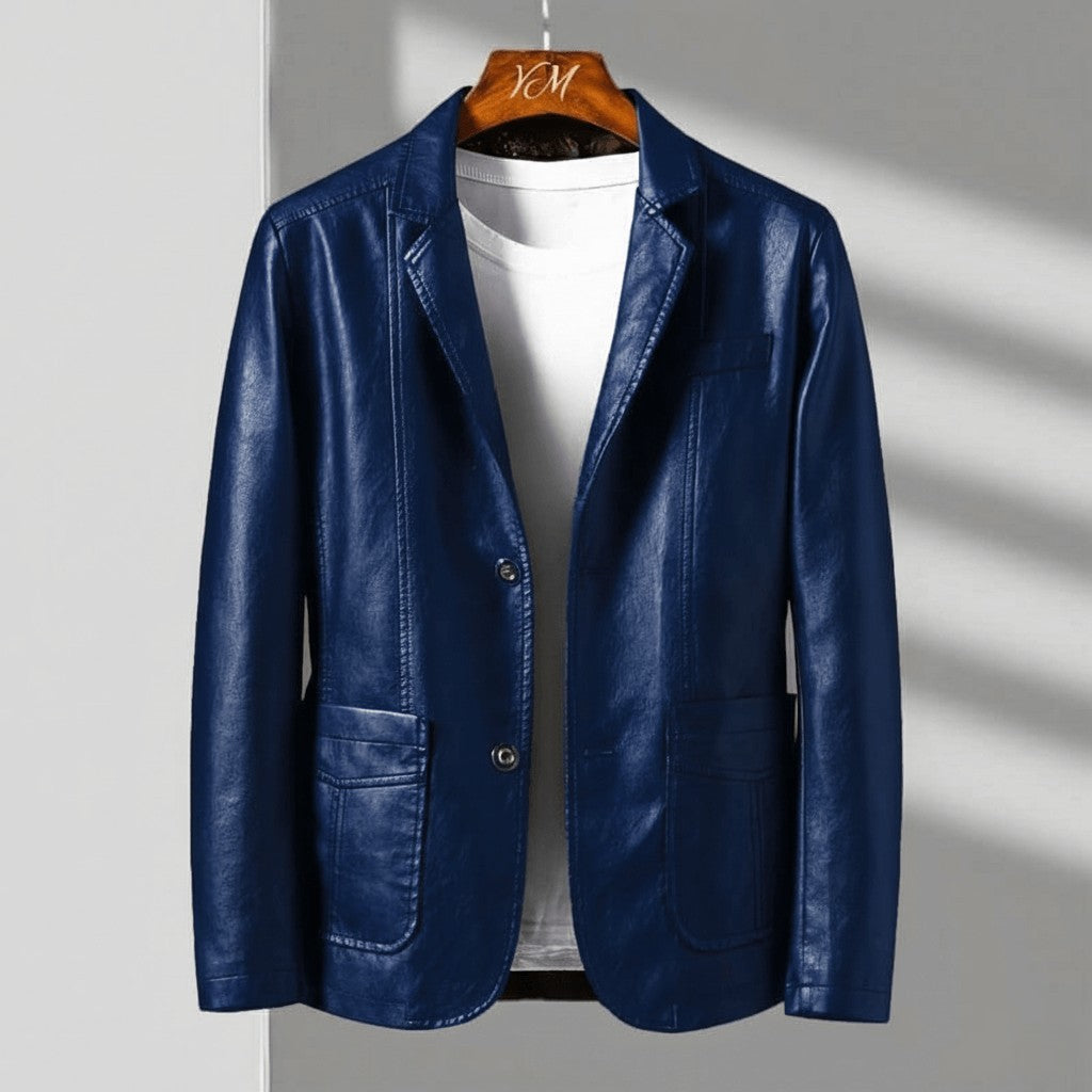 Pánský kožený PU blazer na oblek, slim střih, s klopami a dvěma knoflíky